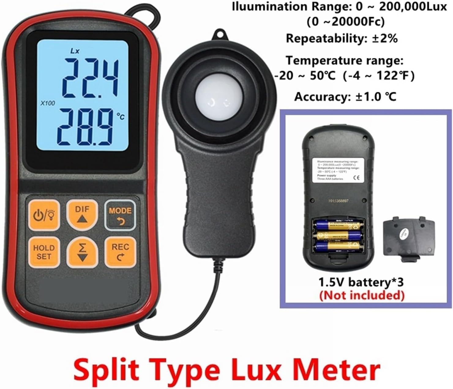 Medidor de luz digital de iluminancia, mini medidor de lujo de mano con pantalla LCD, diseño de 5 piezas para una medición precisa, modos de grabación duales, fácil de usar