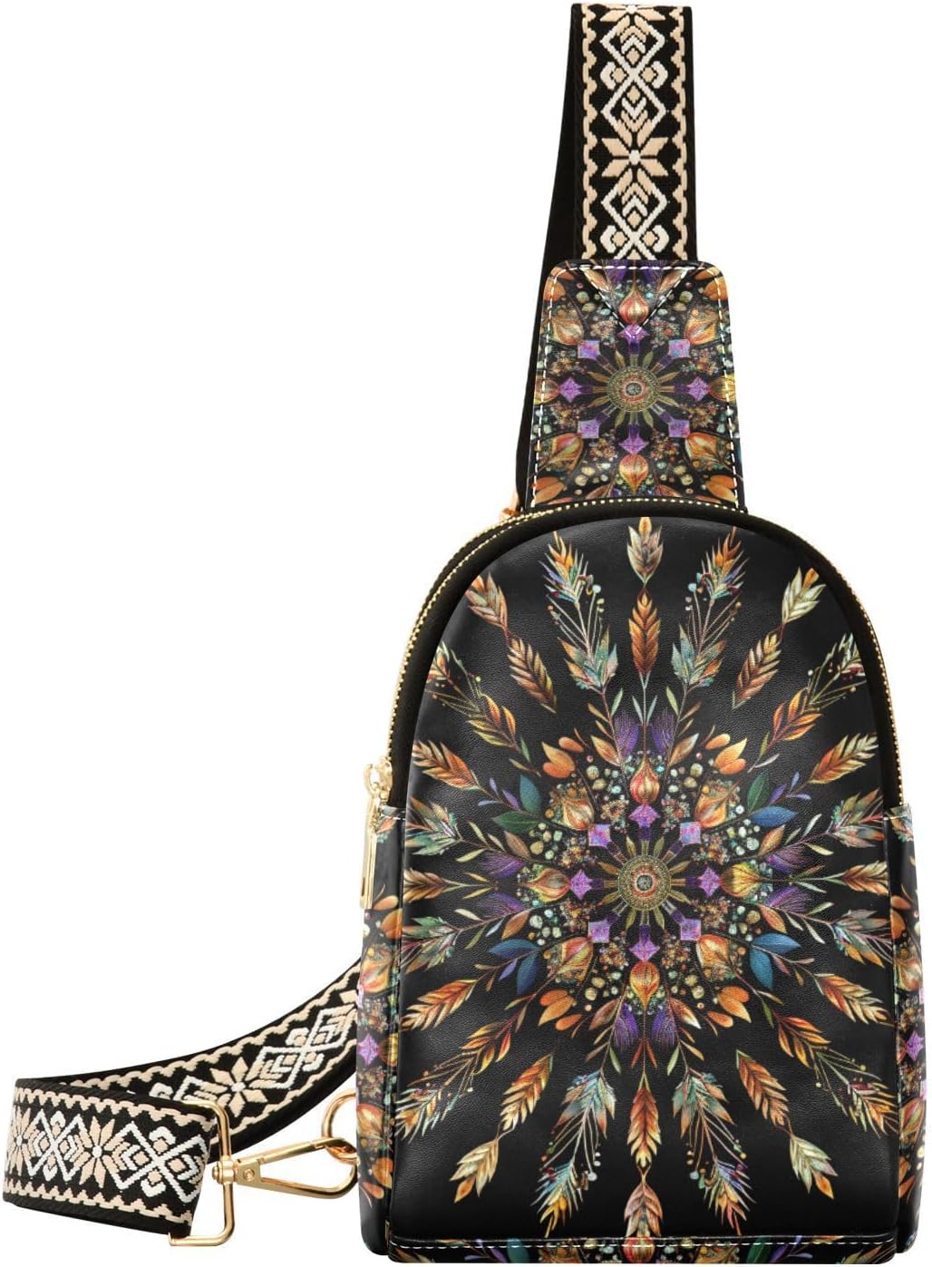 Boho Bag Small Sling Bag for Women Mandala Illustration Leather Crossbody Bags Chest Bag Waist Packs