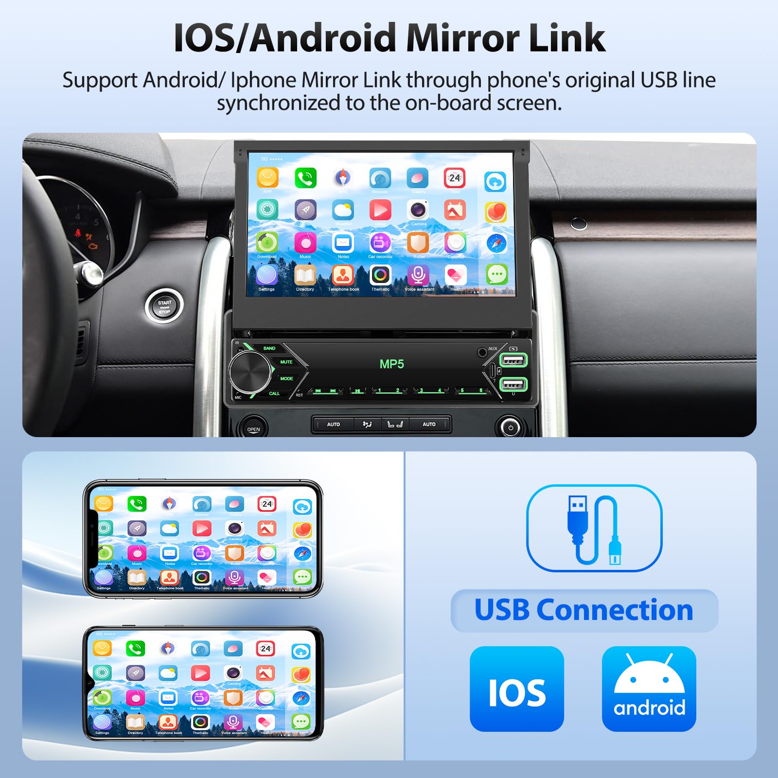 Autoradio Motorsi 7'' con Schermo 1-DIN Bluetooth, Display touch HD retrattile manuale, Singolo DIN Radio, per iPhone e Android, Mirror Link, USB/SWC/radio FM/AUX/TF, Telecamera Posteriore, Microfono