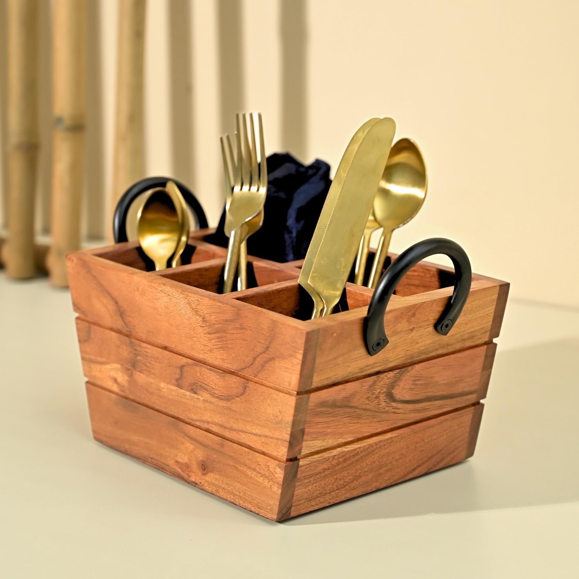 Brick Brown ® Premium Wooden Boat Shaped Utensils Cutlery Caddy/Holder 5 Section with Handle | Spoon Stand for Kitchen | Cutlery Holder for Dining Table | Wooden Cutlery Stand Storage Organiser