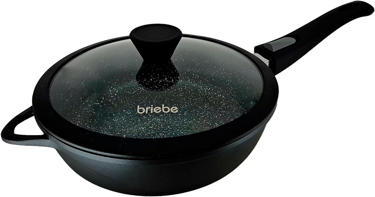 briebe Set of 2 Non-Stick Induction Frying Pans with Removable Removable Handle 24/28 cm Cast Aluminium ILAG GRANITEC PFOA Free Glass Lids Ceramic Gas Oven MGK-19S