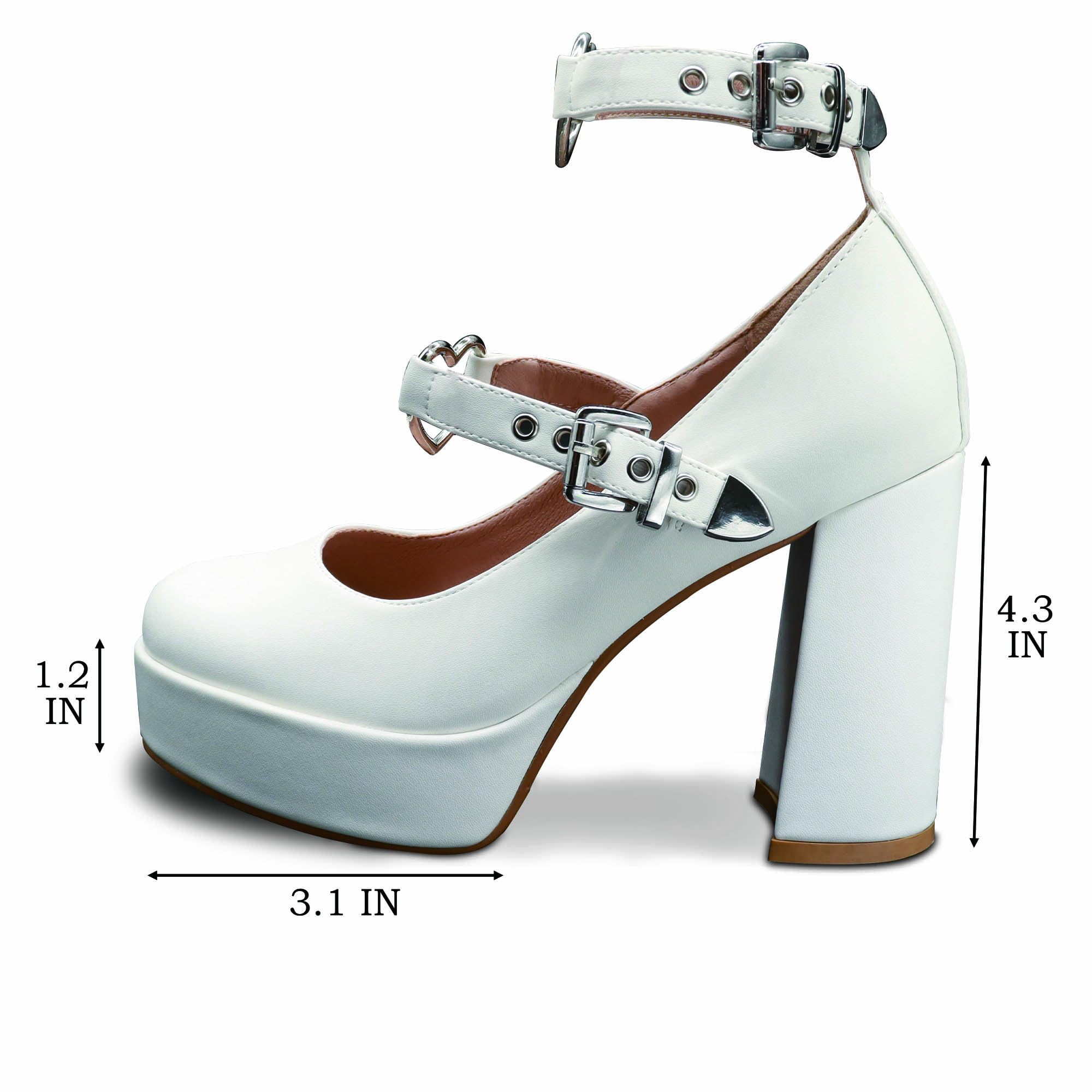 MUBUPUXU Women's Sexy Thick Heels Platform Heart Buckle Strap Mary Janes High Heel Round Toe Goth Shoes: 10.5 White