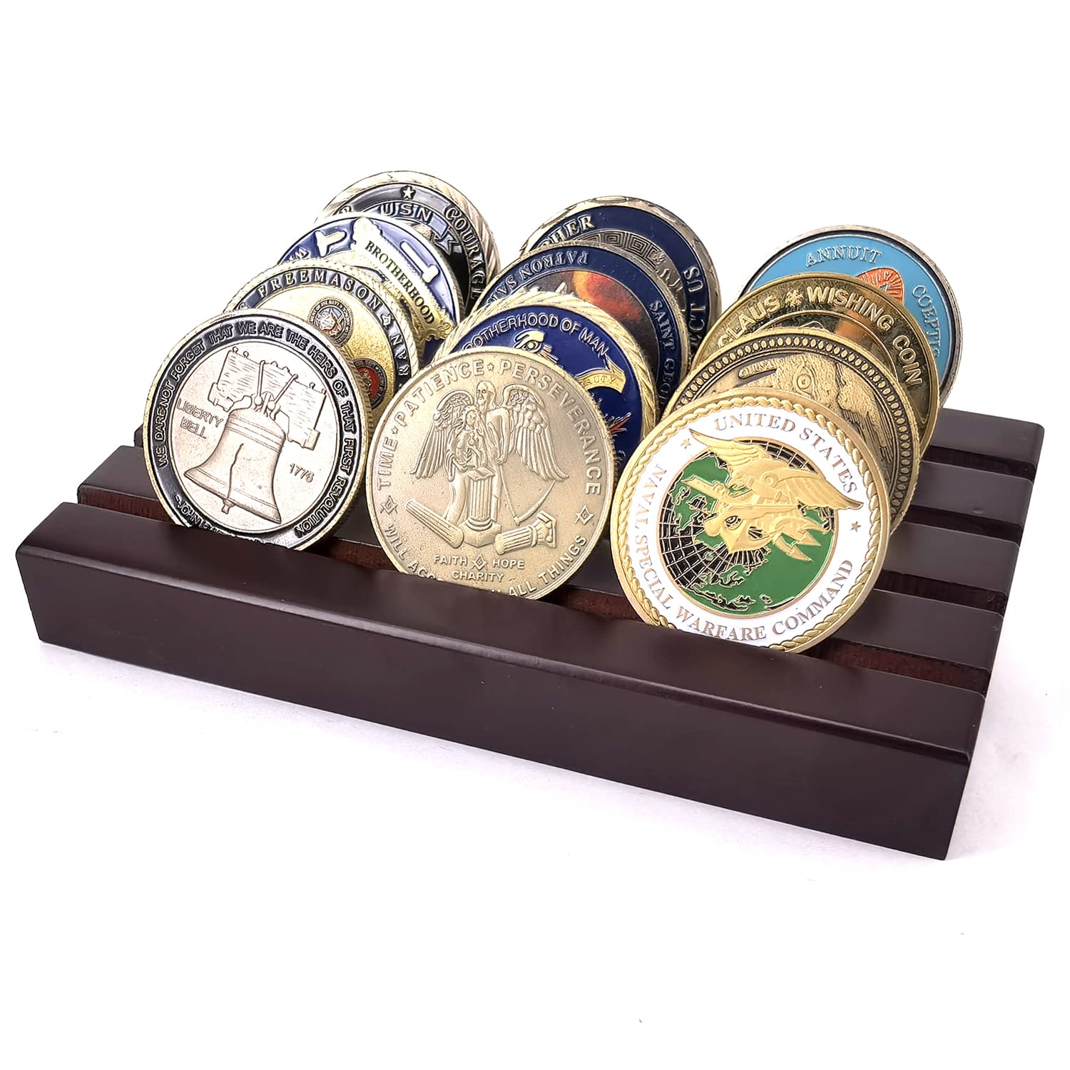 Aomcisi 4 Row Wooden Military Challenge Coin Display Stand - Holds 12-16 Coins, 6.1 X 3.54 X 0.9 Inches