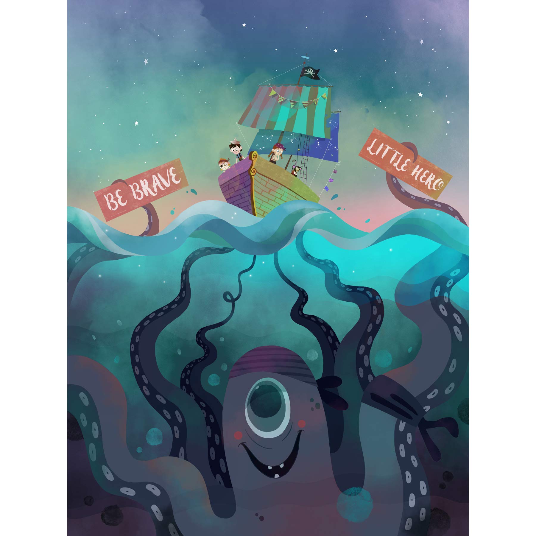 Wee Blue Coo Pirates Octopus Be Brave Large Canvas Wall Art Print