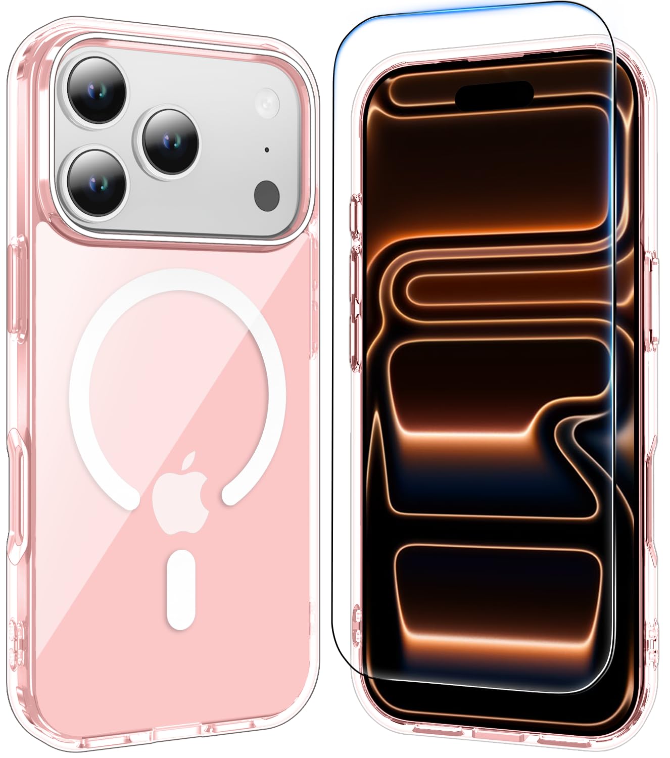 Temdan for iPhone 17 Pro Case Clear with Screen Protector, Compatible with Magsafe, Anti-Yellowing, Military-Grade Protection, Shockproof Slim Magnetic Phone Case Cover, Pink