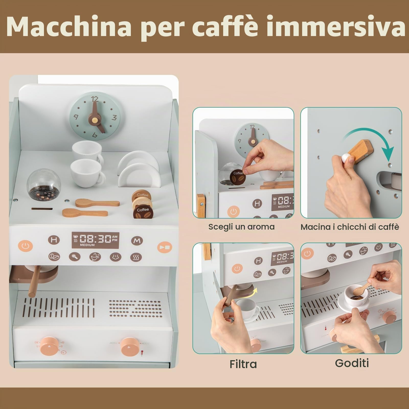 HOMASIS Supermercato Giocattolo per Bambini in Legno, Negozio Giocattolo per Bambini con Cassa Registratrice, Distributore Automatico e Macchina da Caffè per Bambini dai 3+ Anni