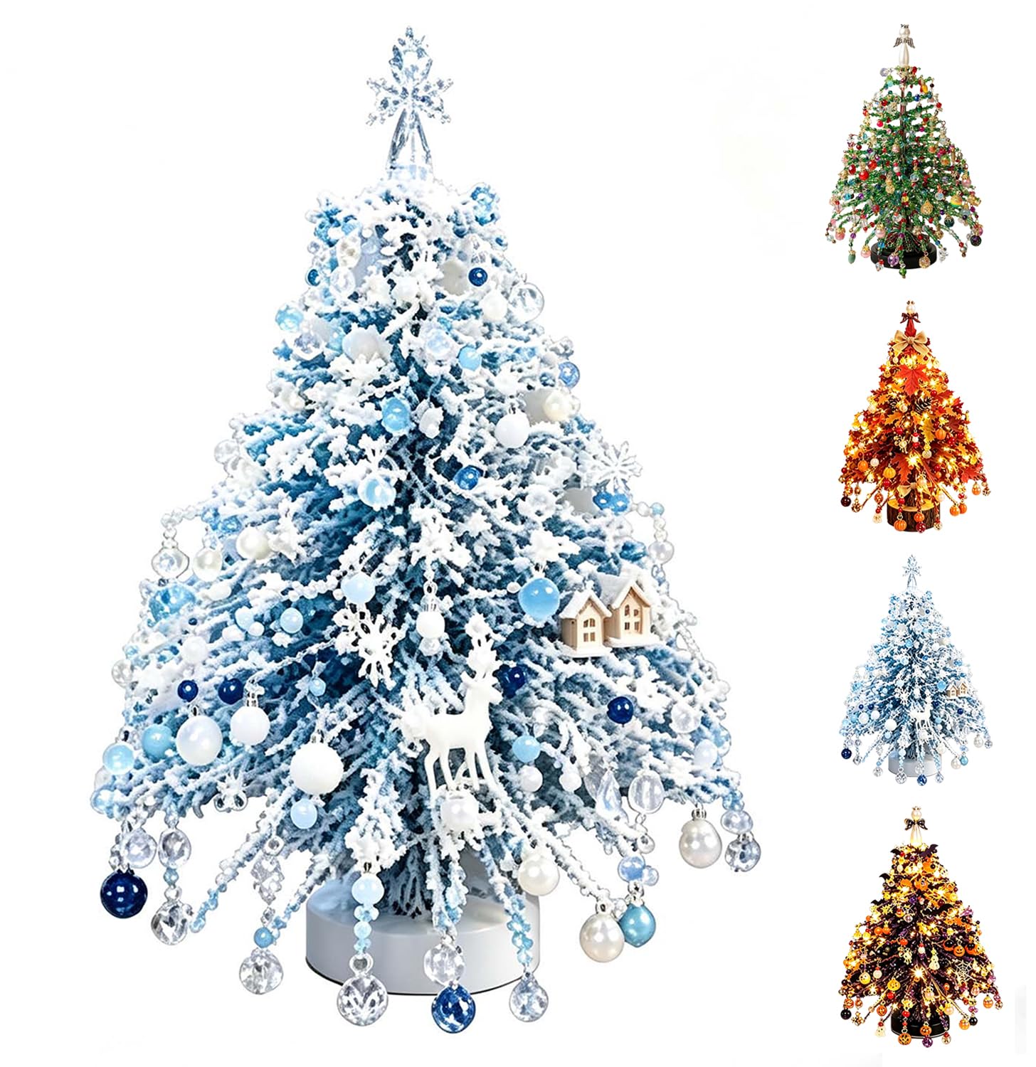 DIY Beaded Christmas Tree Kit, Crystal Christmas Craft Set for Adults with Colorful Beads, Ornament Charms, Metal Frame & Angel Topper, Warm Glow Display, Tabletop Decor, Relaxing Holiday Gift，Blue