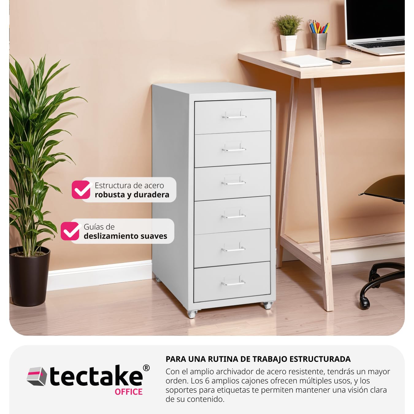 tectake® Cajonera 41x28x69 cm con Ruedas de Metal, 6 Cajones para Almacenamiento, Oficina y Despacho, Cajonera Escritorio, Cajoneras, Armario Interior, Armario Bajo - Gris Blanco