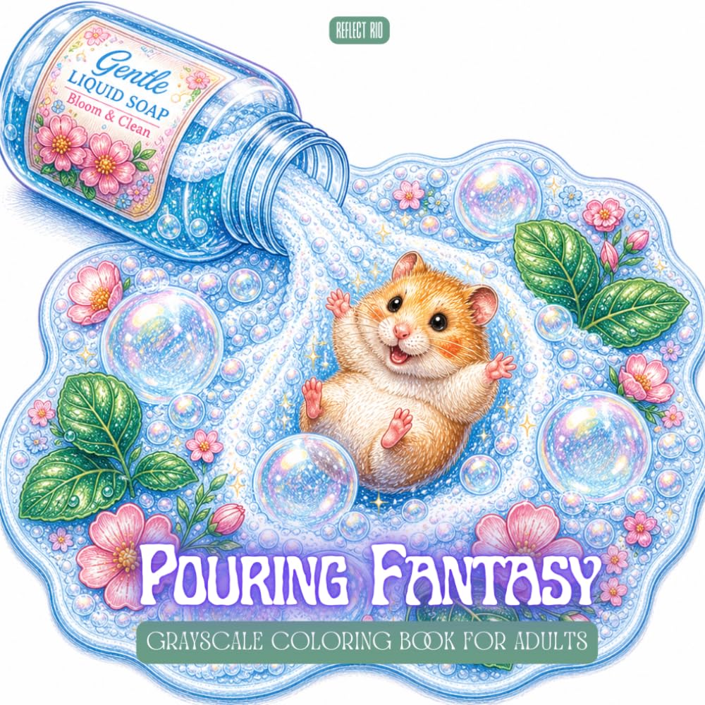 Pouring Fantasy Coloring Book: Whimsical Liquid Worlds, Cute Animals and Magical Nature Scenes Flowing from Everyday Objects – Relaxing Grayscale Coloring Book for Adults