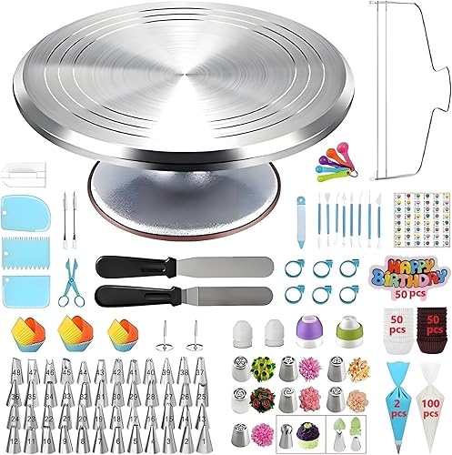 Kit de decoración de pasteles de 357 piezas, con plato giratorio de aleación de aluminio, 48 puntas de glaseado numeradas, 8 puntas rusas + bolas, 2