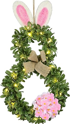 Dolicer Coronas de conejo de Pascua de 19.7 pulgadas, corona de conejito de boj, hojas verdes con lazo de arpillera y 20 luces LED cálidas, corona