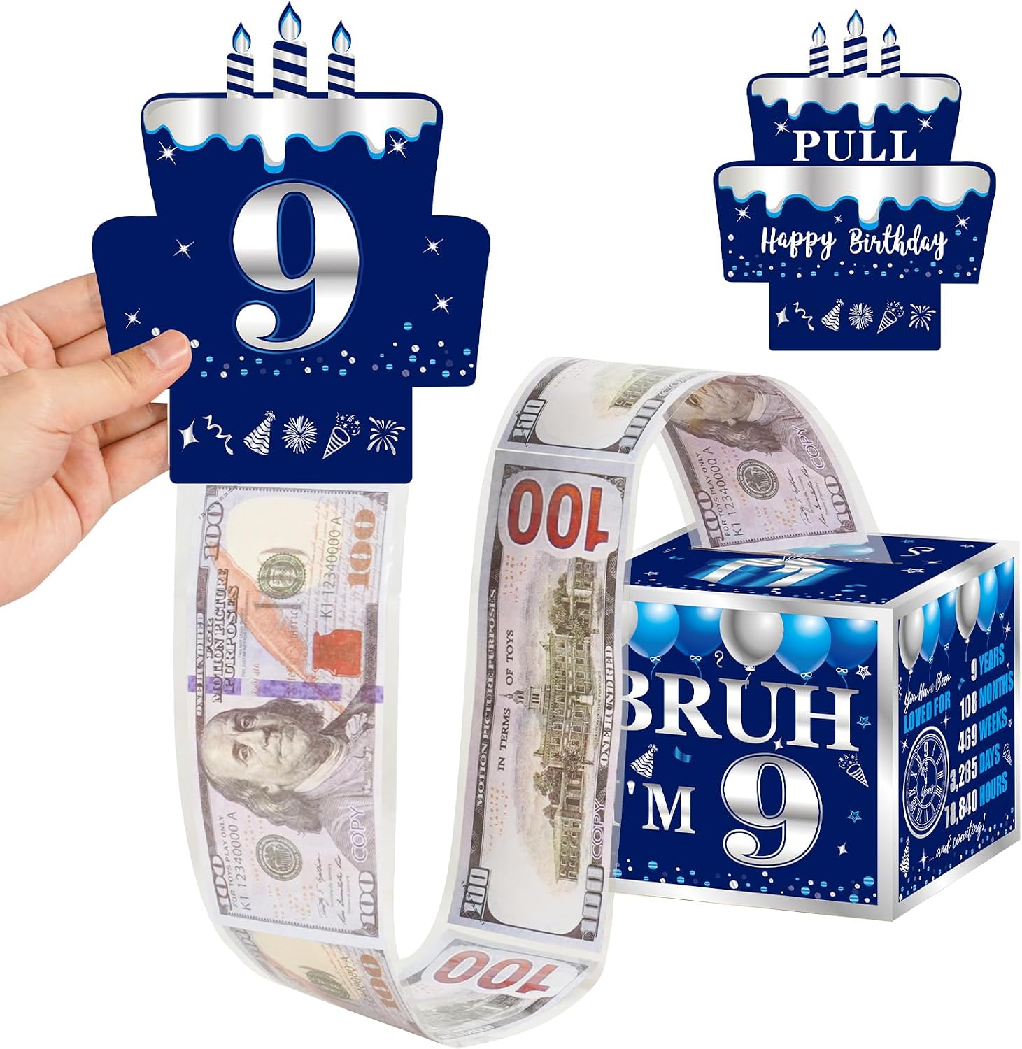 Turypaty Happy 9th Birthday Pull-Out Money Gift Box, 9th Party Cash Gift