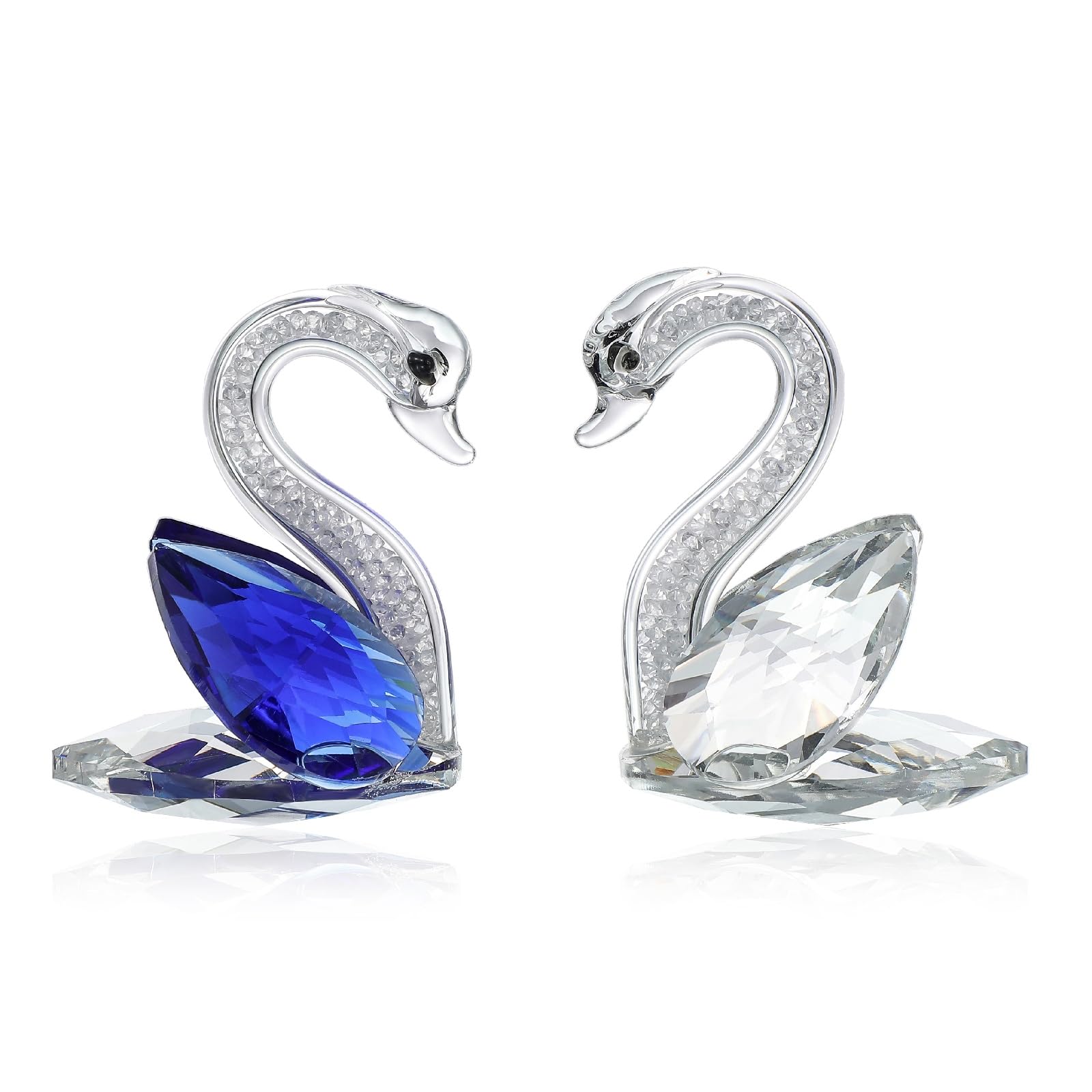 Crystal Couple Swans Figurine Faceted Glass Swan Statue Valentine's Day Gift for Her Cute Animal Collectible Ornament Home Decor (Clear and Blue)