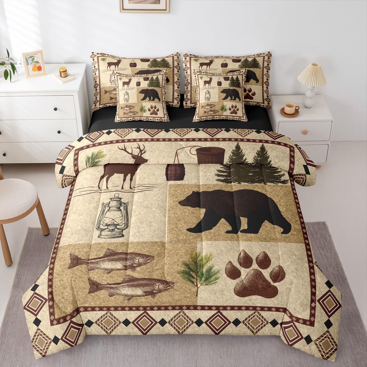 Feelyou Hunting Camo Bear Comforter Set Queen Size 7 Pieces Realistic Tree American Flag Bear Bedding Set Kids Adult Rustic Farmhouse Bed in a Bag with Comforter, Sheets, Pillowcases, Cushion Covers