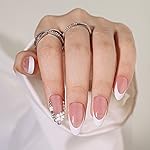 French Tip Press on Nails Almond Short Fake Nails Flower False Nails with Designs Rhinestones Glossy Full Cover Acrylic Glue on Nails Cute Artificial Stick on Nail for Women Manicure 24Pcs