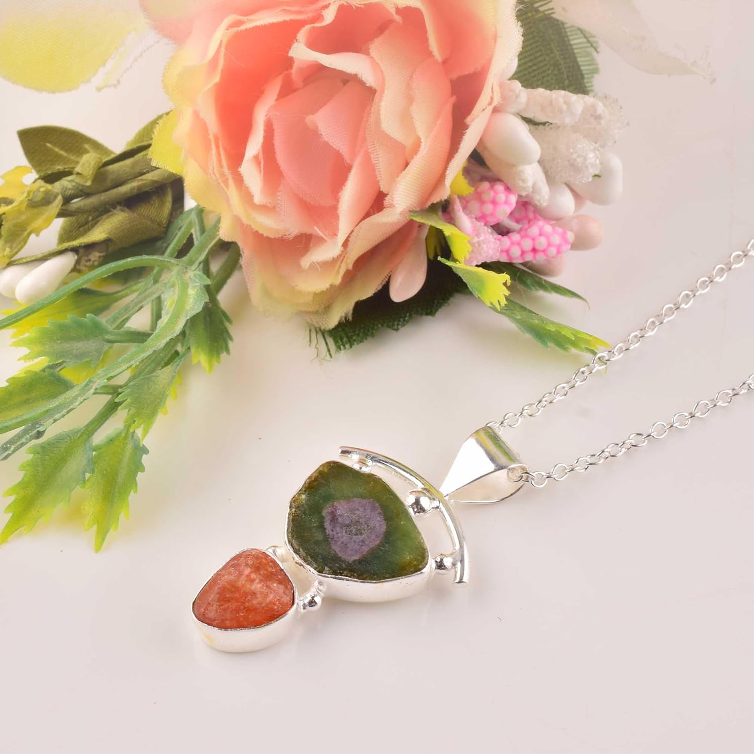 Natural Raw Ruby zoisite, Sunstone Bezel Heart Pendant Necklace, Rough Gemstone, Healing Crystals, Birthday, Gift for Her, Gemstone Jewelry 18 inch AAA+ Quality (ruby zoisite-sunstone) - Image 3