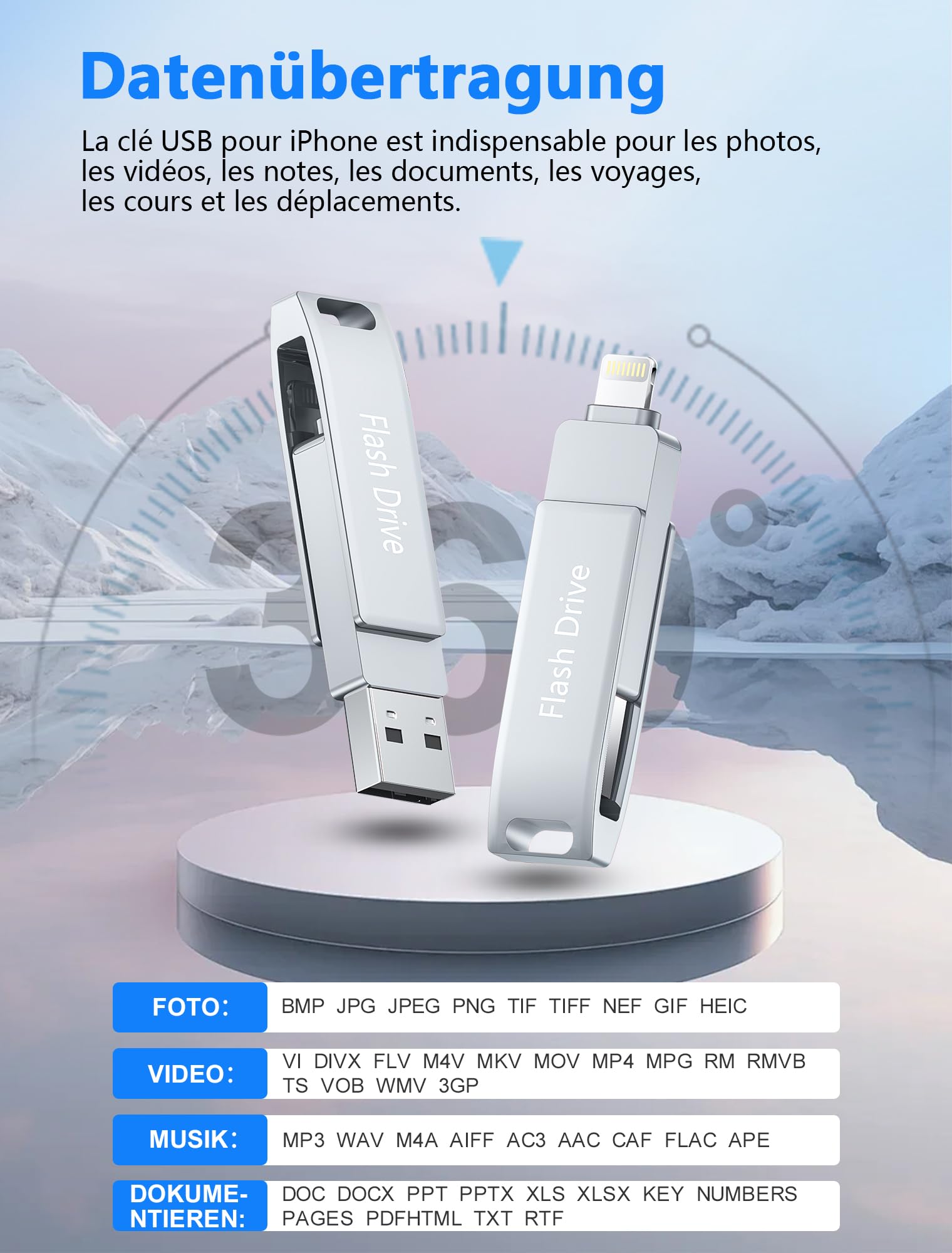 USB Stick 512 GB für i Phone, MFi-zertifizierter USB 3.0 Lightning Speicherstick 3-in-1 Fotostick Stift-Laufwerk Externer Speichererweiterung USB C Backup für iOS/Android/PC, Silber