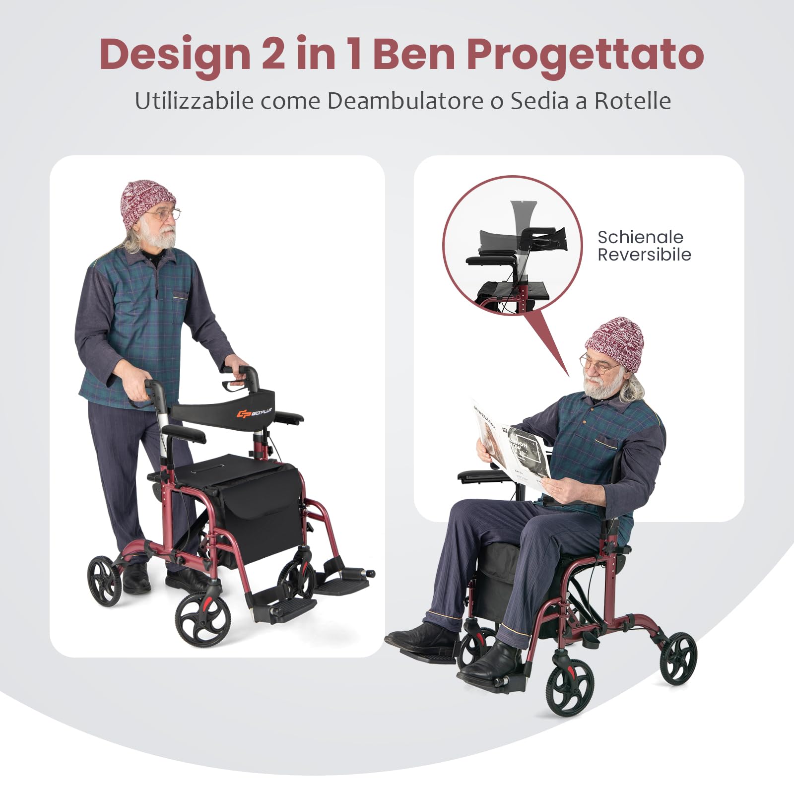COSTWAY Deambulatore per Anziani Pieghevole con Seduta e 4 Ruote, 2 in 1 Deambulatore e Sedia a Rotelle con Schienale Reversibile, Maniglia Regolabile, Freno a Mano, Porta Ombrello e Borsa (Rosso)