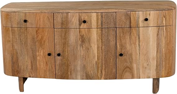 Solid Mango Wood Sindhu Sideboard with 3 Doors and 3 Drawers, Light Natural Finish, Rectangular Storage Cabinet for Living Room, Curved Legs, 150cm wide x 45cm deep x 75cm Tall