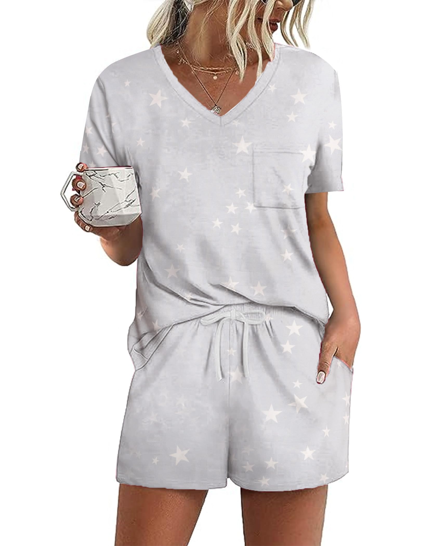 Ekouaer Women's Pajamas Sets Short Sleeve Lounge Sets Sleepwear Casual Two Piece Pjs With Pockets