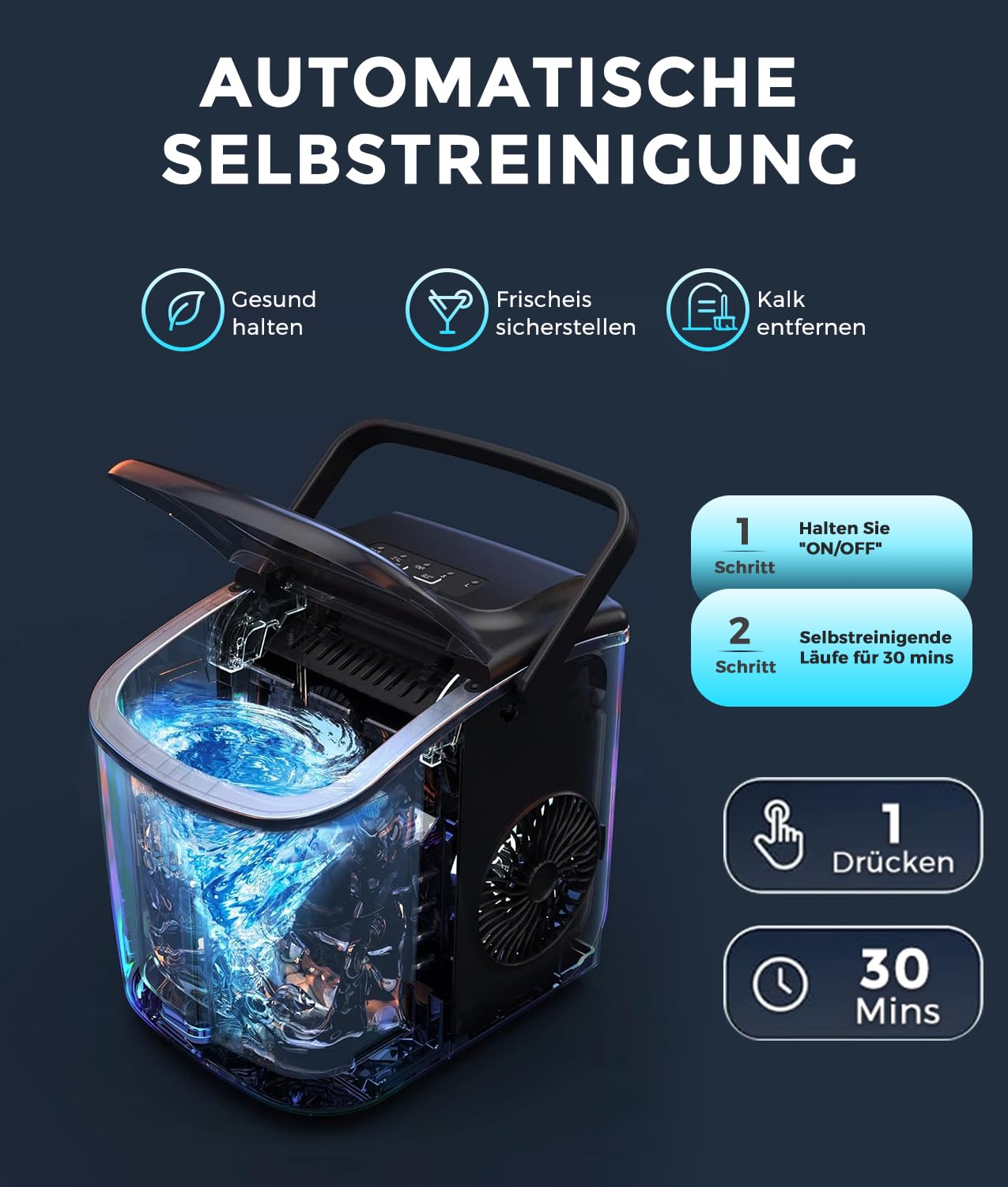 ecozy Eiswürfelmaschine Klein, Selbstreinigende Ice Maker, 2 Eiswürfel Größen, 9 Würfel in 6 Minuten Fertig, 12 KG/24H Schaufel und Korb für Küche, Büro, Bar, Party