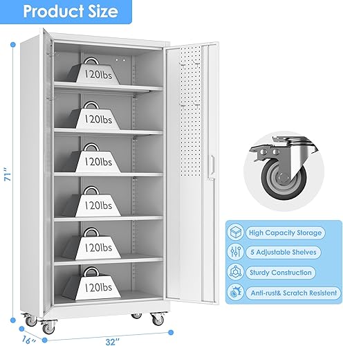 Miniatura 108 de Armario de almacenamiento de metal con tablero de clavijas de 31.5 x 31.5 x 16.5 pulgadas, armario de almacenamiento de acero con cerradura con 5