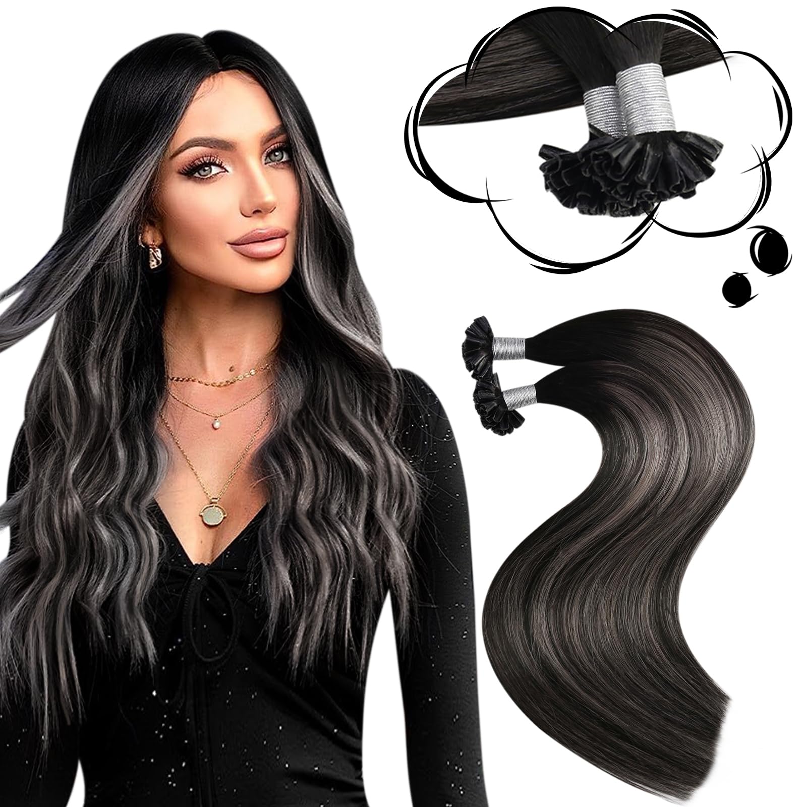 Moresoo U Tip Hair Extensions Real Human Hair 20 Inch Ombre Black and Silver Pre Bonded Hair Extensions Real Hair 1g/s 50G 50S/Pack #1B/Silver/1B