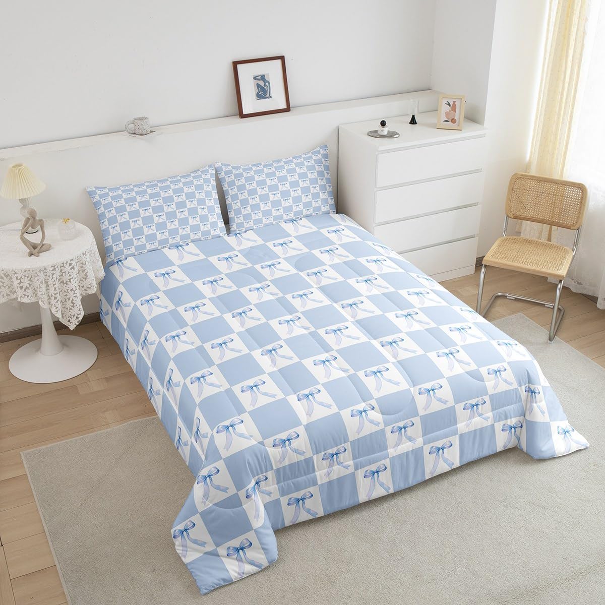 Manfei Blue Bowknot Bed Comforter Set Queen Size,Dreamy Bow Minimalist Grids Plaids Geometric Super Soft Microfiber Bedding Set for Adults Teens,Princess Style Blue White Comforter Set,2 Pillows