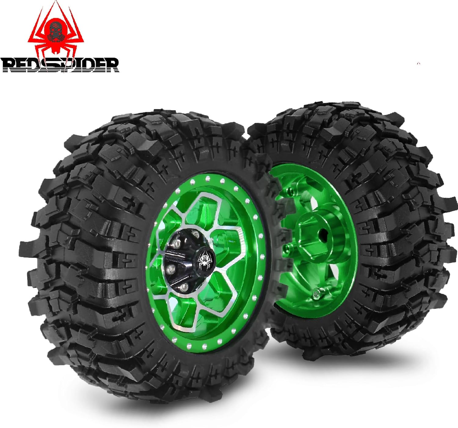 REDSPIDER Metal 1.9'' Beadlock Wheels and Crawler Tires OD 88MM/3.46'' (4PCS) for 1/12 RC Crawler MJX H12Y+ MN-128 MN82S LC79 ﻿ (Green)