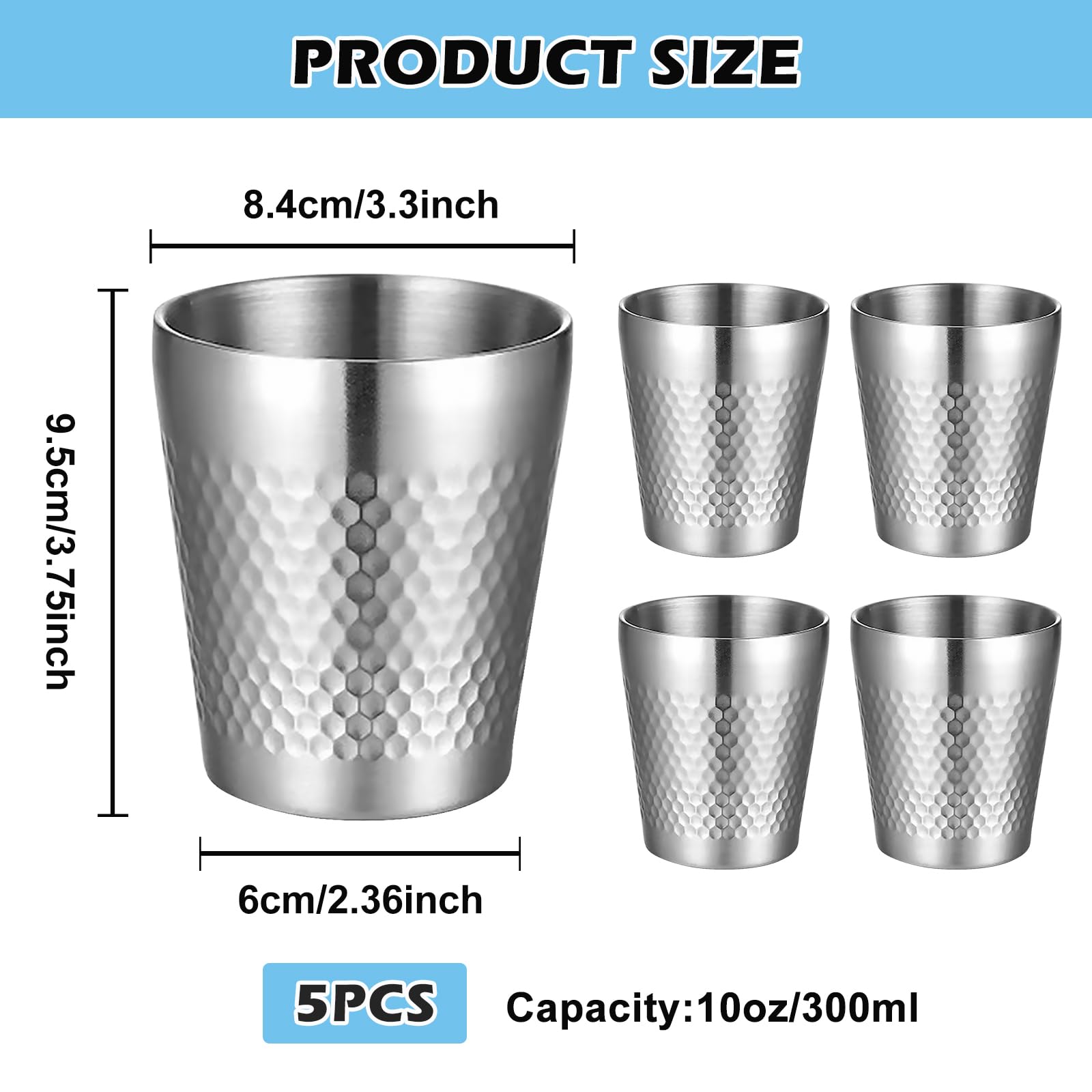 PORFOYO 5 sztuk kubków ze stali nierdzewnej, 300 ml, metalowe kubki ze stali nierdzewnej, podwójne ściany, metalowe kubki do picia, ze stali nierdzewnej, kubki kempingowe, nietłukące się, do domu, na