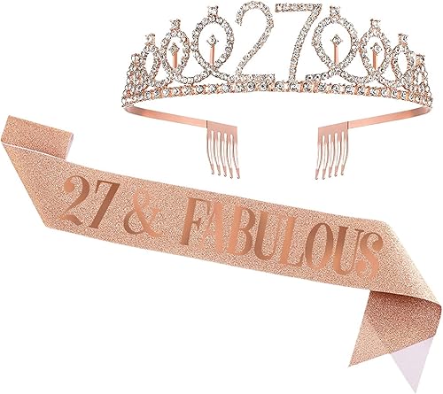 UVATAHONA Banda y tiara de cumpleaños de 27 años para mujer, corona de cumpleaños de 27 y fabulosa banda y tiara, regalos de feliz cumpleaños de 27