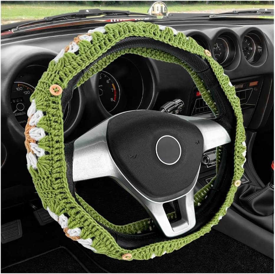 Car Steering Wheel Cover, 15 Inch Handmade Crochet Sunflower Steering Wheel Protector, Hippie Granny Square Auto Wheel Decorative Cover for Women Girls, Car Accessories (White & Green)