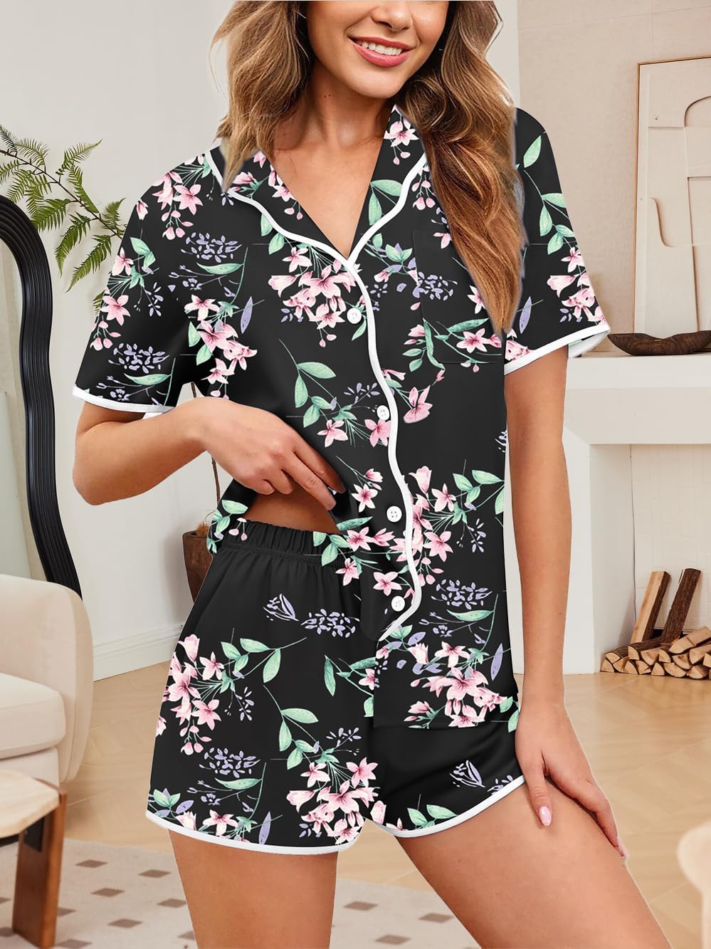 Ekouaer Pajamas Set for Women Short Sleeve PJ Set Button Down Soft Sleepwear Shorts Lounge Set - Image 2