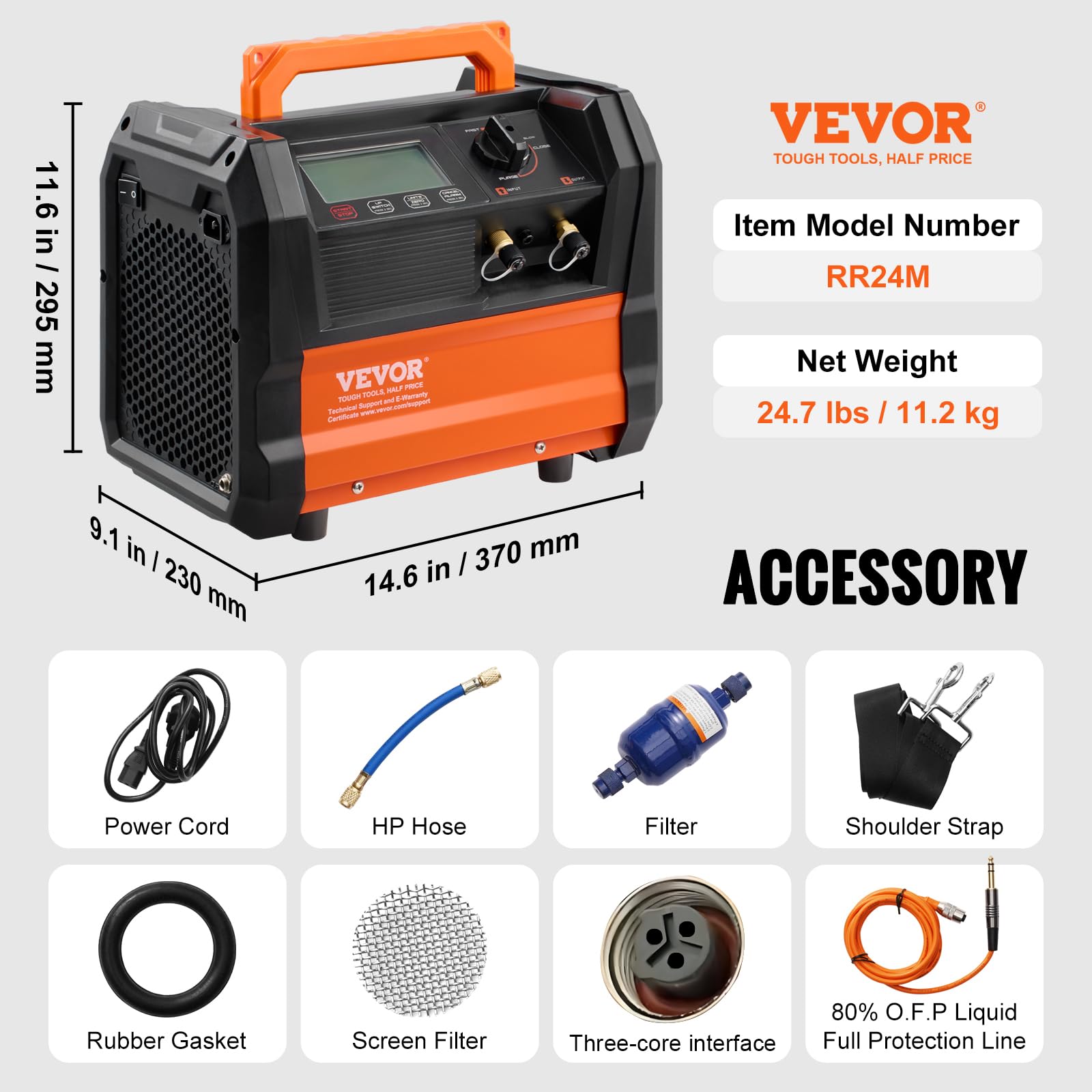 VEVOR Station de Récupération Fluides Frigorigènes 1 HP, Machine de Récupération de Réfrigérant Portable, Double Cylindre, Moteur sans Balais 3000 TR/Min