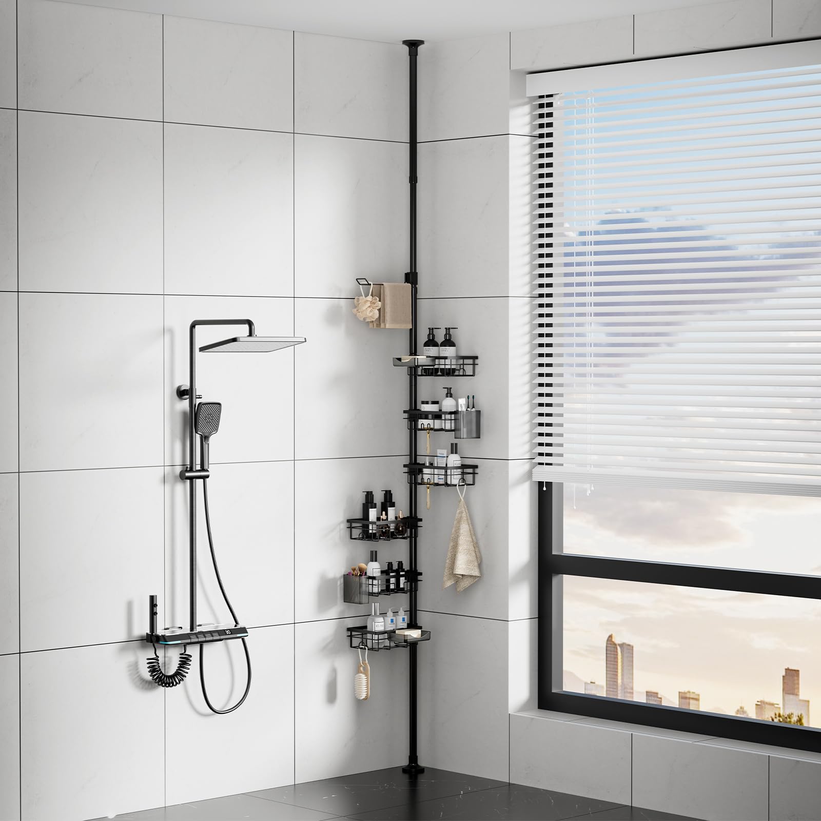EXLECO Scaffale da doccia telescopico a 7 ripiani, senza foratura, 78 – 308 cm, antiruggine, scaffale angolare per bagno, porta asciugamani, portaspazzole, contenitore per sapone, nero
