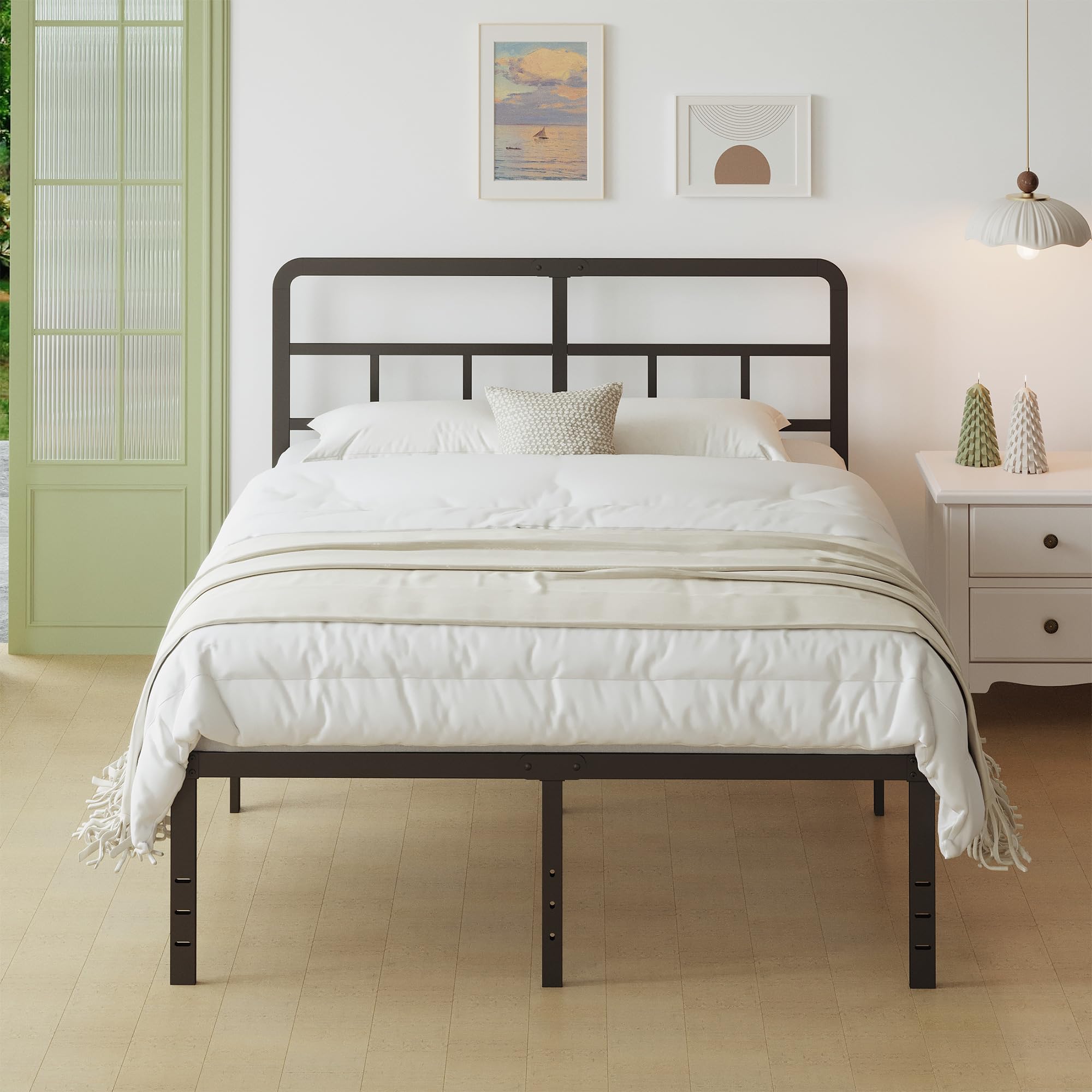 Lutown-Teen Metal Bed Frame 160 x 190 cm with Curved Headboard, 5ft 3 Heavy Duty Black Bed 46 cm High with Steel Slat Support, Underbed Storage, Easy Assembly, Noise Free — image 1