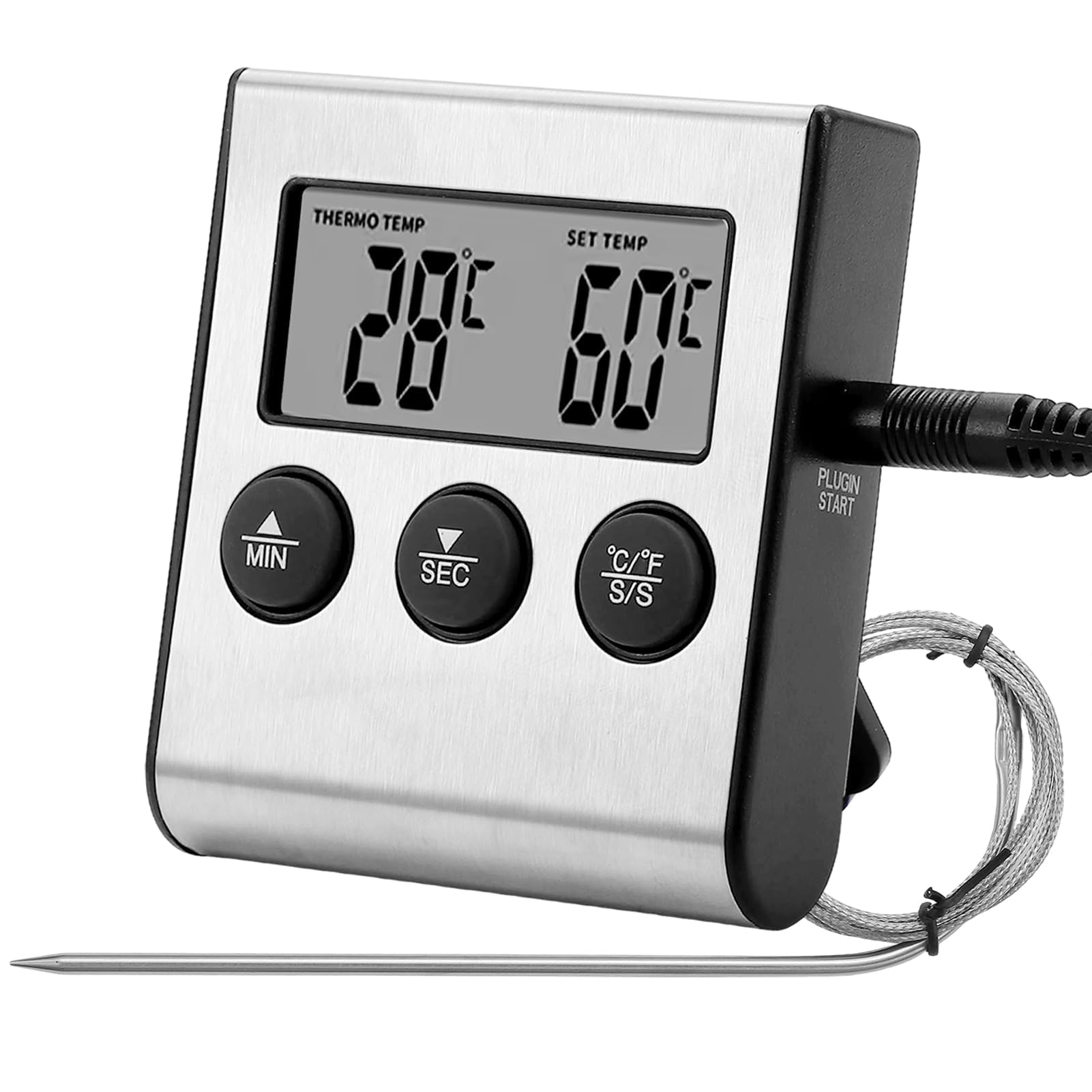 Termometro Cocina Digital Lectura Instantáneo, Meat Thermometer con 2 Sondas 100cm LCD Retroiluminada Alarma Sonora para Carne Horno Parrilla Freidora Aire Vino Cerveza Líquidos Aceite Barbacoa