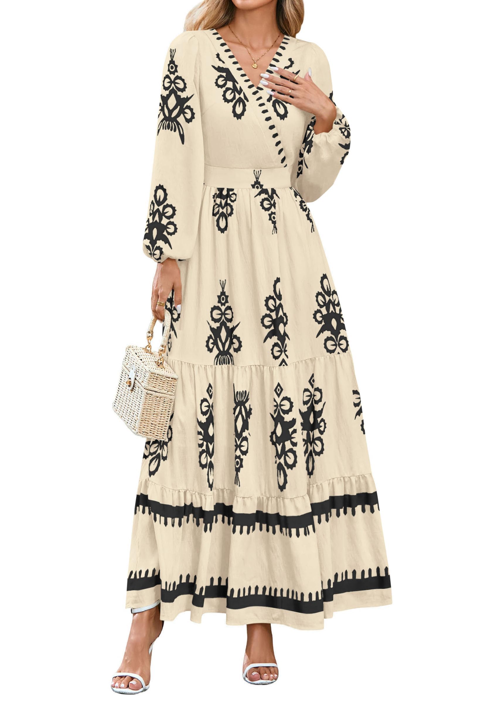 PRETTYGARDEN Women's Boho Floral Long Sleeve V-Neck Maxi