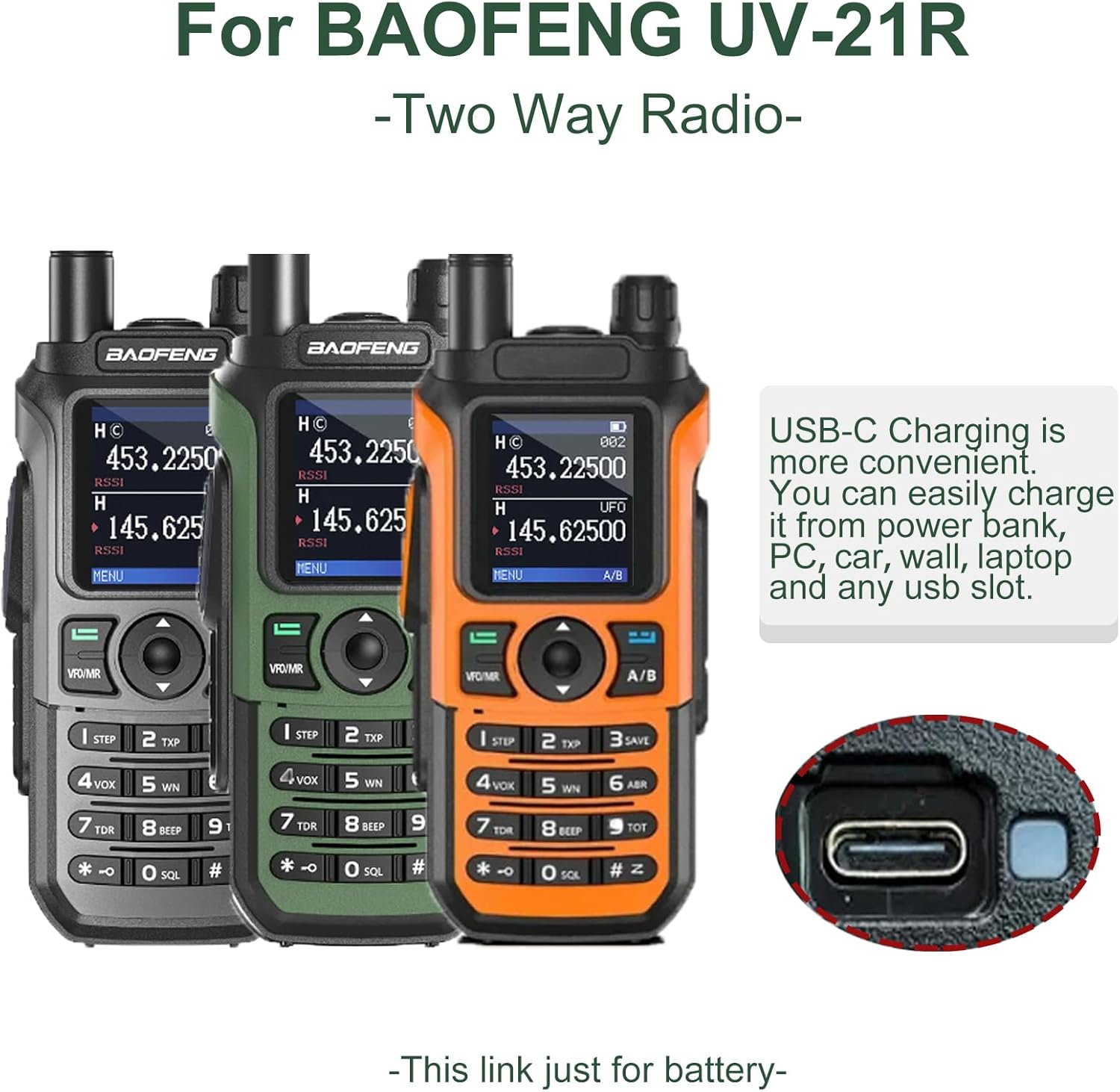 BAOFENG UV-21R radios with USB-C charging port highlighted