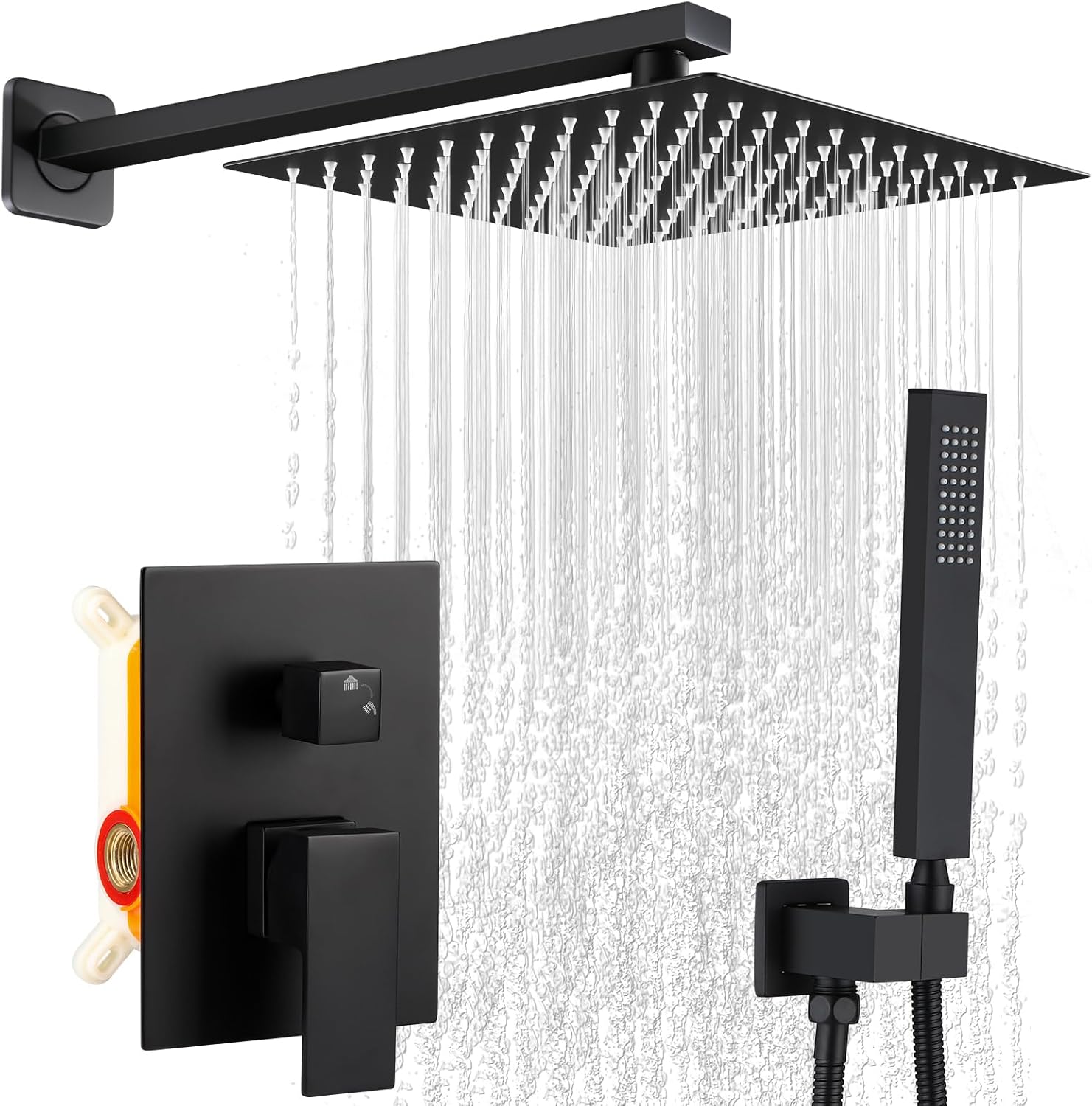 Matte Black Shower Faucet Set, Rainfall Bathroom Shower System Fixture 12 Inch High Pressure Square Rain Shower Head with Handheld Sprayer Combo Wall Mount with cUPC Certified Rough-in Valve