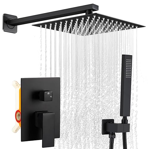 SGUVK Matte Black Shower Faucet Set, Rainfall Bathroom Shower System Fixture 10 Inch High Pressure Square Rain Shower Head with Handheld Sprayer Combo Wall Mount with cUPC Certified Rough-in Valve