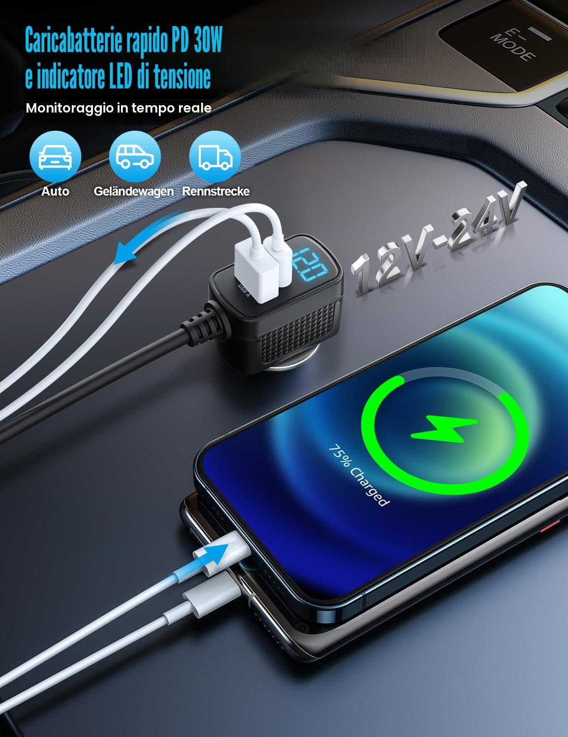 BESTEK Caricatore Auto USB-C PD USB QC3.0 Caricabatterie da Auto 148W, 9 in 1 Adattatore per Accendisigari 12V/24V con 3 Prese & 6 Porte con Display LED per iPhone Dash Cam