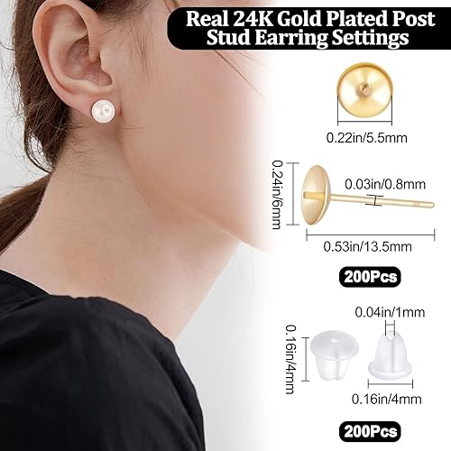 Miniatura 2 de Beebeecraft 1 caja de 200 piezas de aretes de perlas chapados en oro de 24 quilates para cuentas medio perforadas con 200 tuercas de plástico de