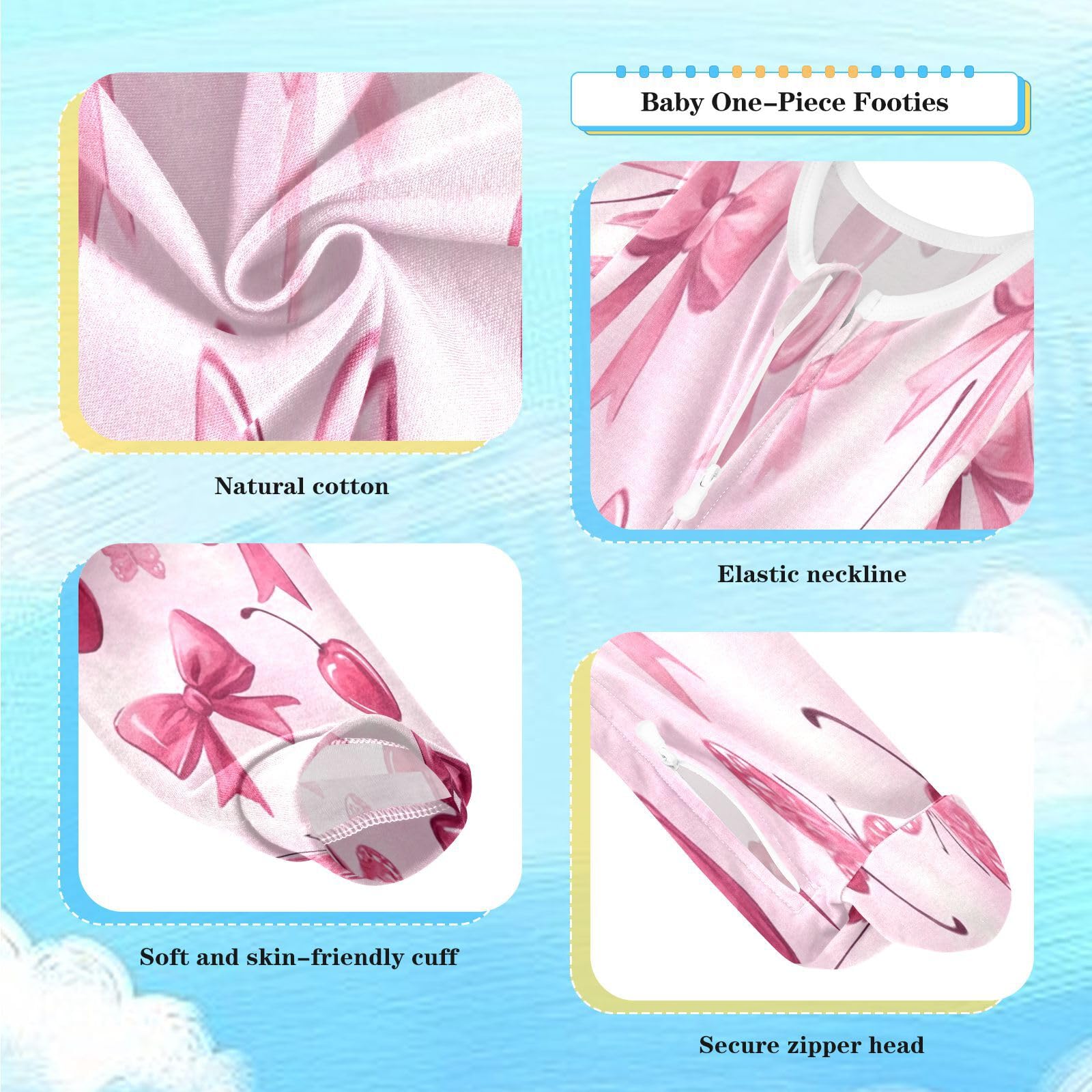 Dussdil Bow Cherry Pink Baby One-Piece Footies Red Butterflies Newborn Rompers Pajamas Cotton Footed Pjs for Sleep Play Boys Girls 9M