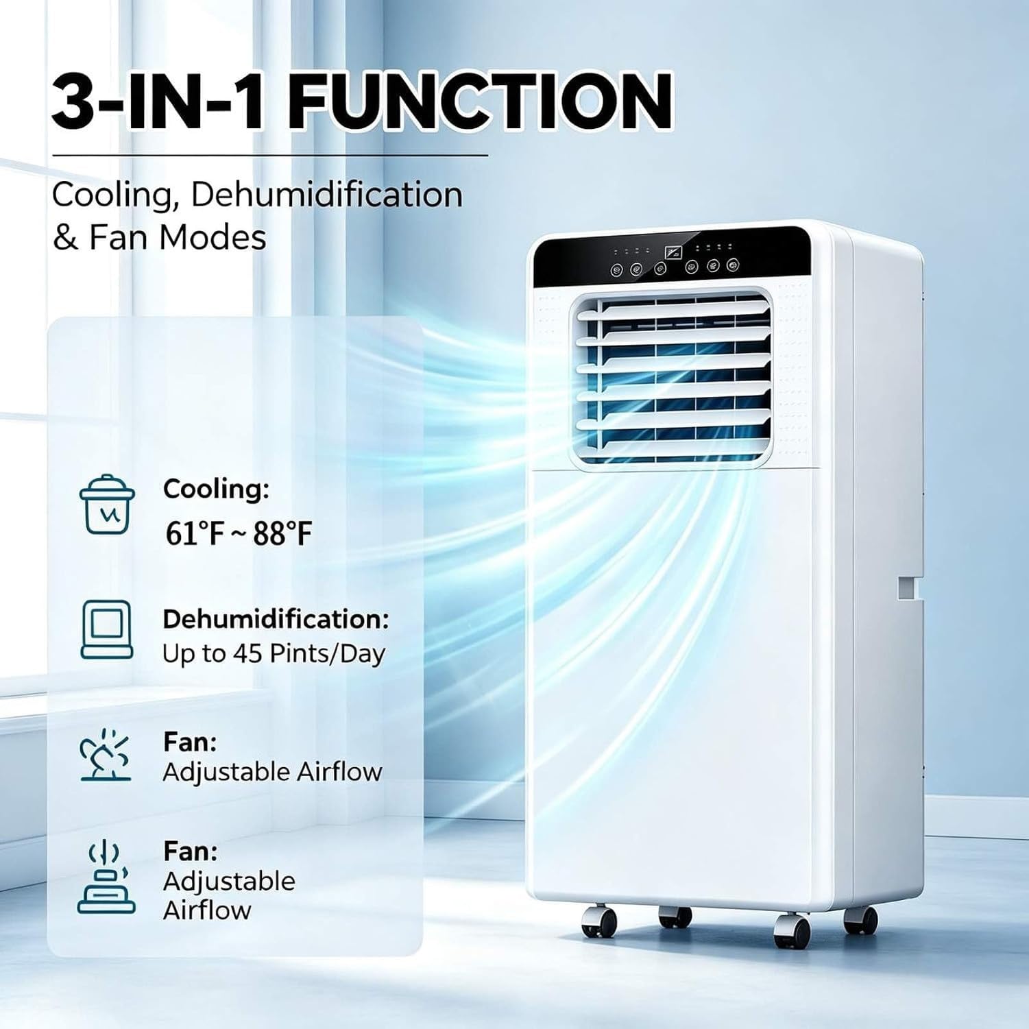 Aire Acondicionado Portátil 3-en-1 9000 BTU, Silencioso Sin Unidad Exterior, Enfriador para Habitación 220 ft², con Temporizador y Mando a Distancia para Salón, 14000 British Thermal Units