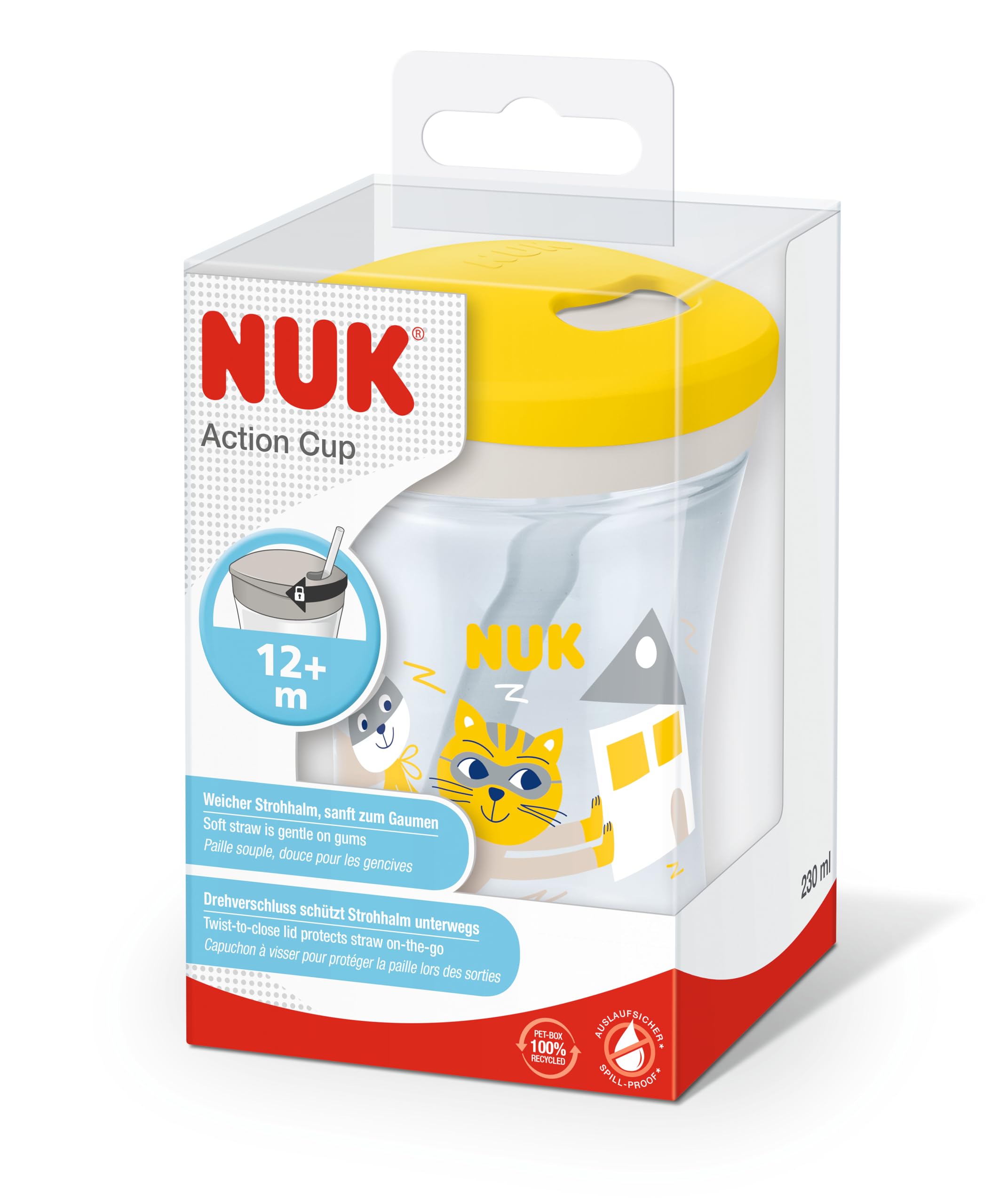 Kubek dla malucha NUK Action Cup | Od 12 miesiąca | Zakręcany, z miękką słomką | Szczelny | Nie zawiera BPA | 230 ml | Kot (żółty)