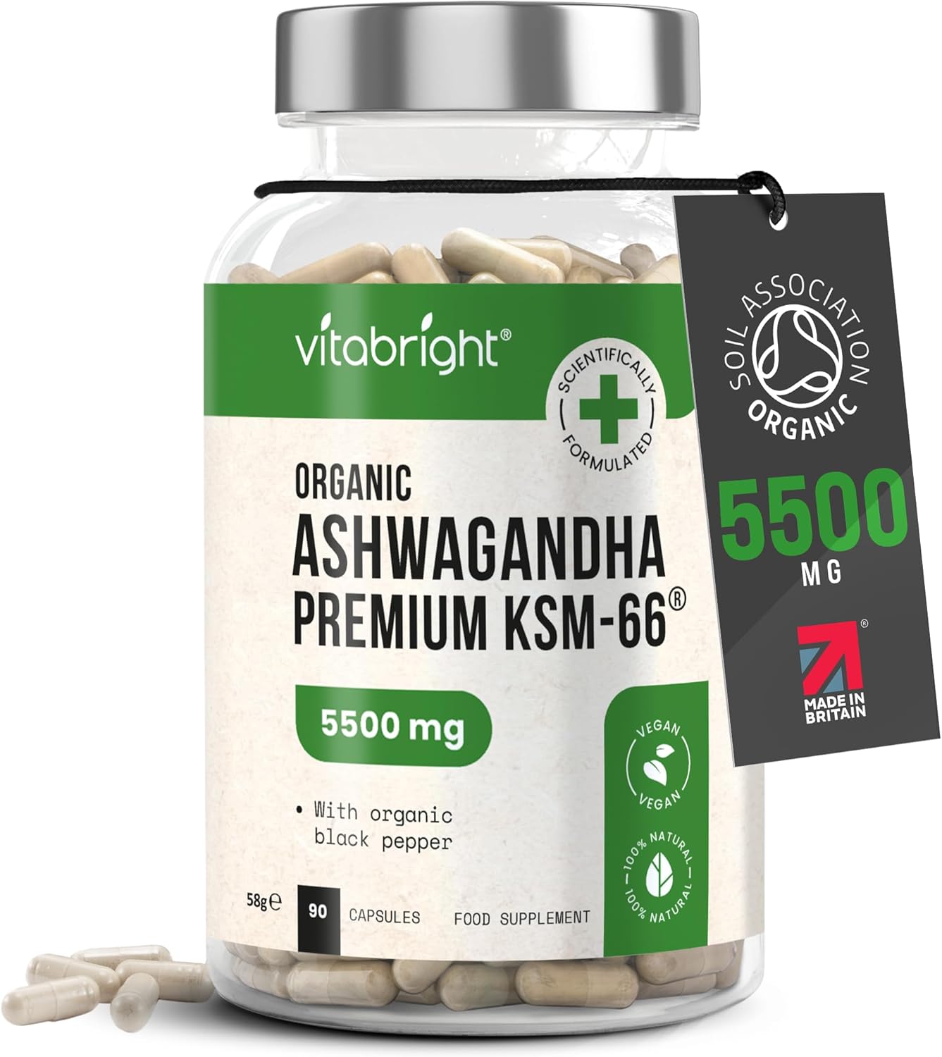 Ashwagandha KSM 66 Root Extract Capsules | 3 Month Supply | 5500mg | Organic Ashwagandha High Strength Powder | Clean Formula Pure Herbal Supplements for Women & Men | VitaBright UK