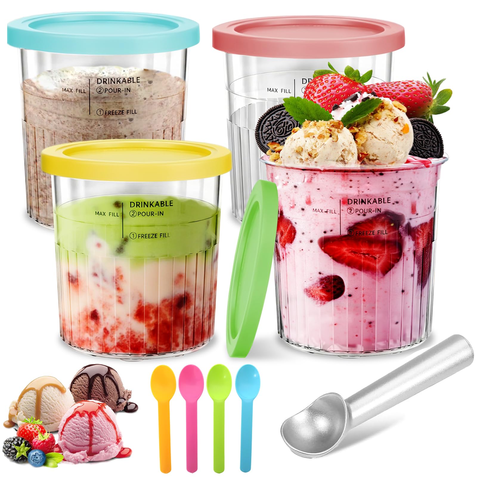 4 Pezzi Contenitori per Gelato, 24oz/800 ML Contenitori Creamy Deluxe per NC500 NC501 Serie, Senza BPA, Lavabili in Lavastoviglie con 4 Cucchiai