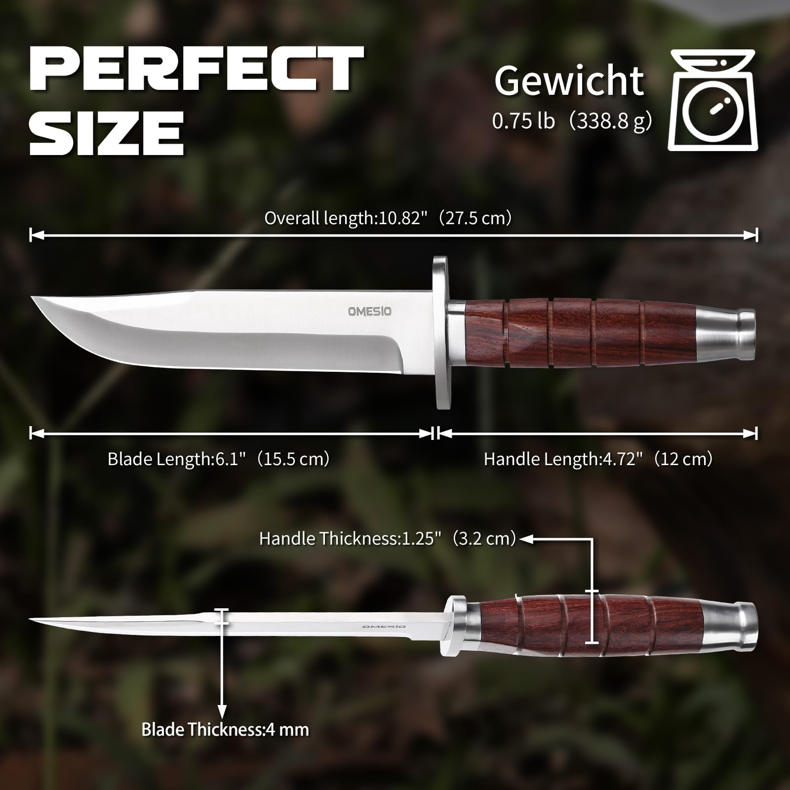 Omesio Coltello Da Caccia Outdoor, Lama Fissa — Include Fodero in Pelle, Realizzato Acciaio 5cr14mov — Manico Interamente in Legno — Adatto Per Il Campeggio e La Sopravvivenza Nella Natura Selvaggia