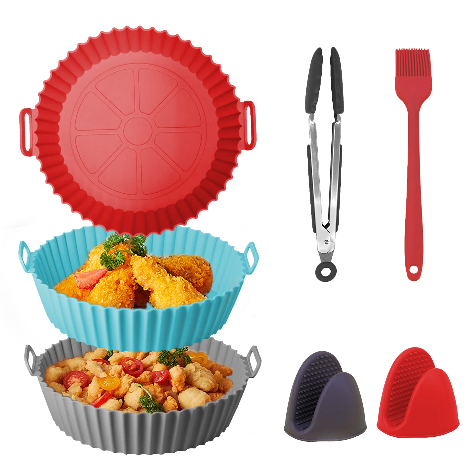 3 PCS Air Fryer Silicone Liners? Reusable Airfryer Silicone Pot - 8 inches(3-5QT) Food Grade Airfryer Basket Easy Cleaning With Oven Mitts Basting Brush and Tongs